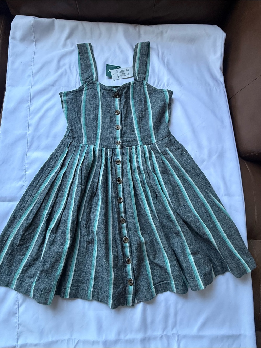 Juniors Roxy Grey & Mint Stripe Button-Front Sundress with Pockets M